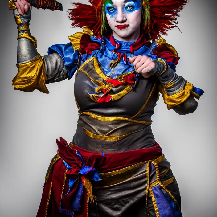 Image similar to full body photo of a real - life beautiful female jester warrior, 8 k, hdr, smooth, sharp focus, high resolution, award - winning photo