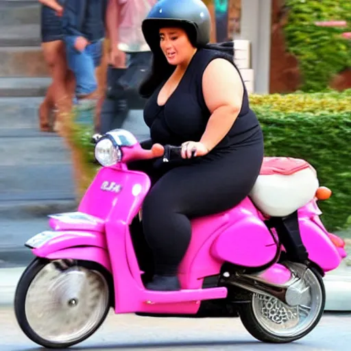 Image similar to a paparazzi photo of extremely obese Kim Kardashian riding a pink moped, her mouth is wide open, award winning