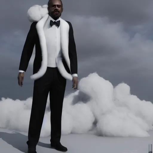 Image similar to beautiful 3D rendered fictional black man character made of fluffy clouds, wearing white suit, realistic, 8k, 4k, unreal engine, by Antoni Tudisco, artstation