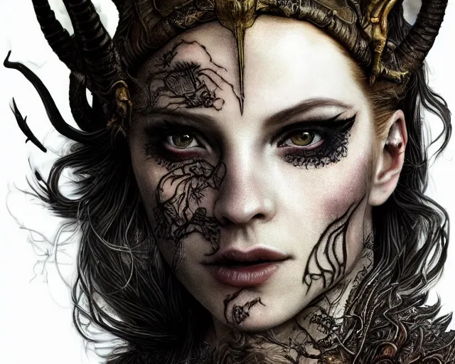 Image similar to 5 5 mm portrait of an armored gorgeous anesthetic redhead woman with a face tattoo and horns growing from her head, and small dragon sitting on her shoulder in a magical forest in the style of stefan kostic, art by luis royo. highly detailed 8 k. intricate. lifelike. soft light. nikon d 8 5 0. cinematic post - processing