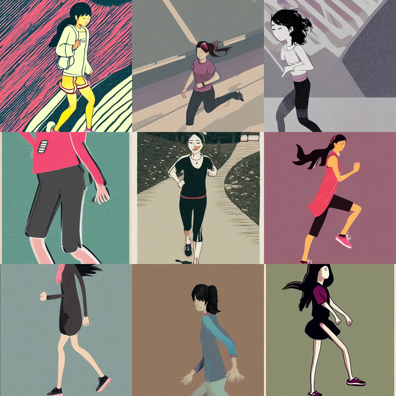 Prompt: A woman on a jog, illustration, detailed, Tsukasa Dokite