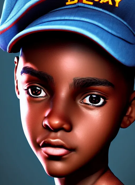 Prompt: An epic fantasy comic book style portrait painting of a young dark skinned girl with short hair dressed as a boy in a paperboy cap, unreal 5, DAZ, hyperrealistic, octane render, cosplay, RPG portrait, dynamic lighting