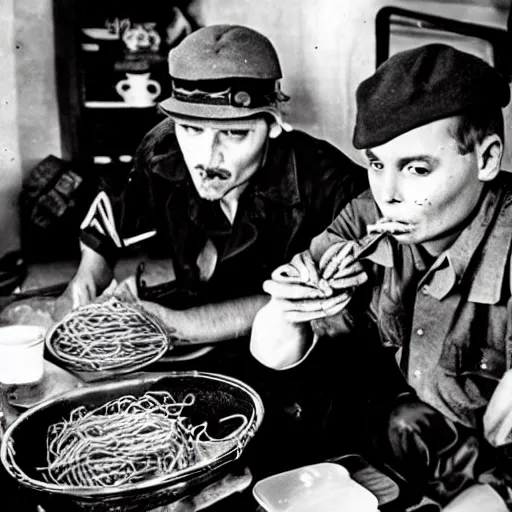 Prompt: johnny depp world war 2 photograph eating spaghetti