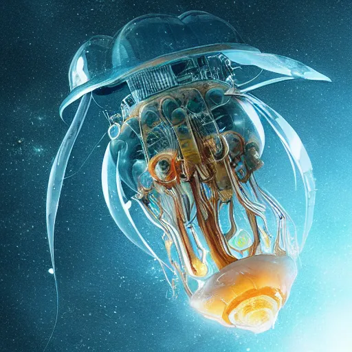 Image similar to Amin Faramarzian Artstation design of a cute damaged mechanical jelly fish spaceship flying in hyperspace, beautiful clear detailed 8k digital art