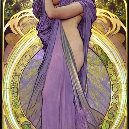 Image similar to heavenly goddess full body statue with sleepy face and beautiful closed eyes and open lips and 2 arms open and 2 legs bending and a curved body wearing torn silk cloth, laying on her back among purple clouds and nebula and starry galaxy dust, splashes into the fabric of the universe, art nouveau by alphonse mucha, black marble, violet gold beige, saturated colors, intricate face detail