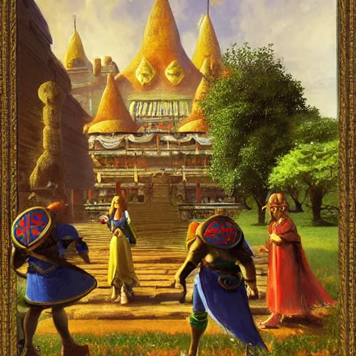 Image similar to hyrule palace, legend of zelda, by jean - leon gerome, otto pilny, adrien henri tanoux, giulio rosati, orientalism painting