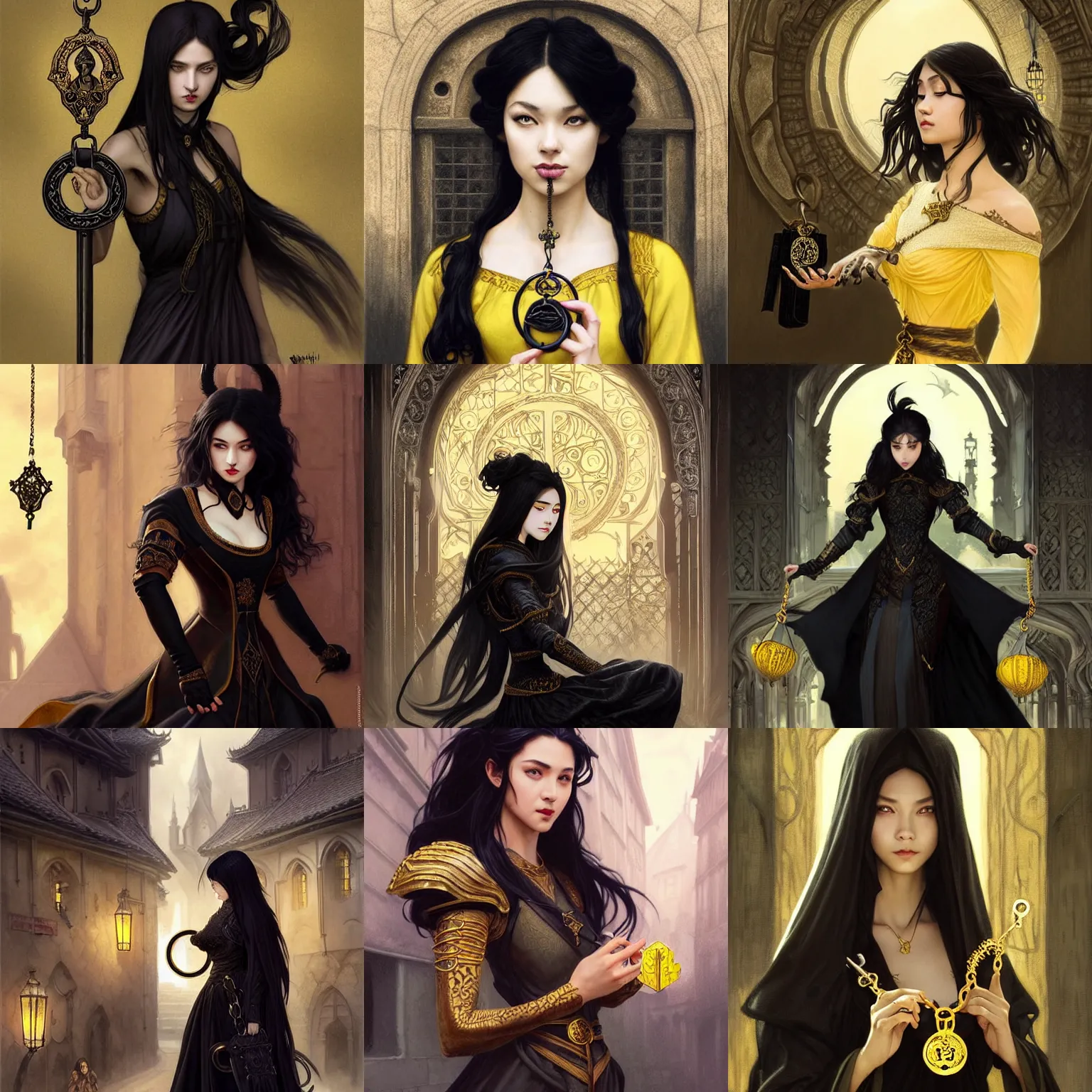 Prompt: beautiful woman with yellow eyes holding a key ring in a medieval city, asian descend, black curls, black clothes, full body, d & d, fantasy, intricate, elegant, highly detailed, digital painting, artstation, concept art, matte, sharp focus, illustration, art by artgerm and greg rutkowski and alphonse mucha