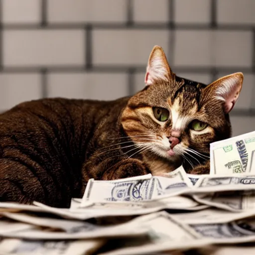 Image similar to brown floppa cat laying on stacks of money in bathtub