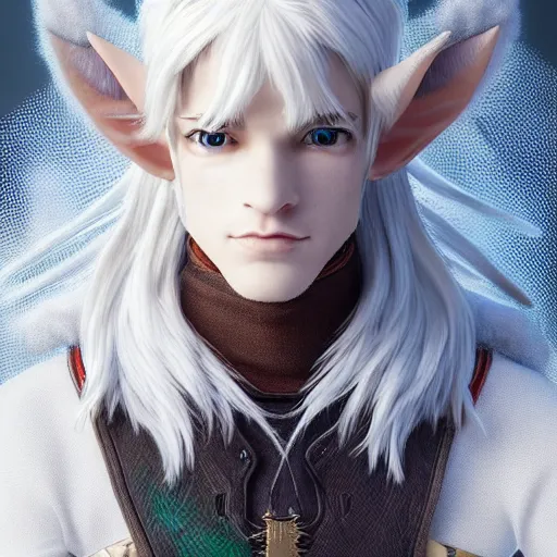 Image similar to a highly detailed male elf in full length, with white long hair, white clothes, bright blue eyes, artstation, DeviantArt, professional, octane render