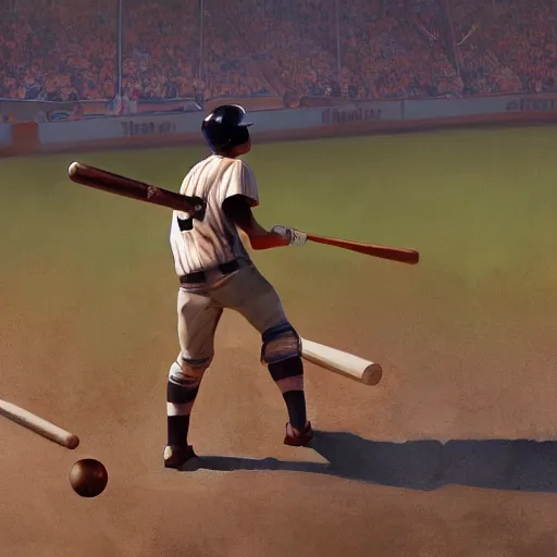 Image similar to baseball player hitting the ball with the baseball bat in the middle of the game and in front of everyone in the stadium, james gurney painting style, greg rutkowski, artstation