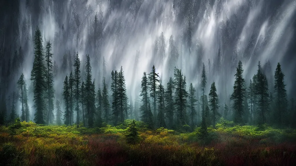 Image similar to amazing landscape photo of a forest by marc adamus, beautiful dramatic lighting