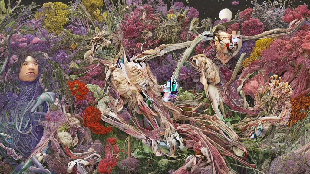 Image similar to highly detailed illustration of a human anatomy body exploded by all the known species of flowers by juan gatti, by makoto shinkai, by moebius!, by oliver vernon, by joseph moncada, by damon soule, by manabu ikeda, by kyle hotz, by dan mumford, by kilian eng