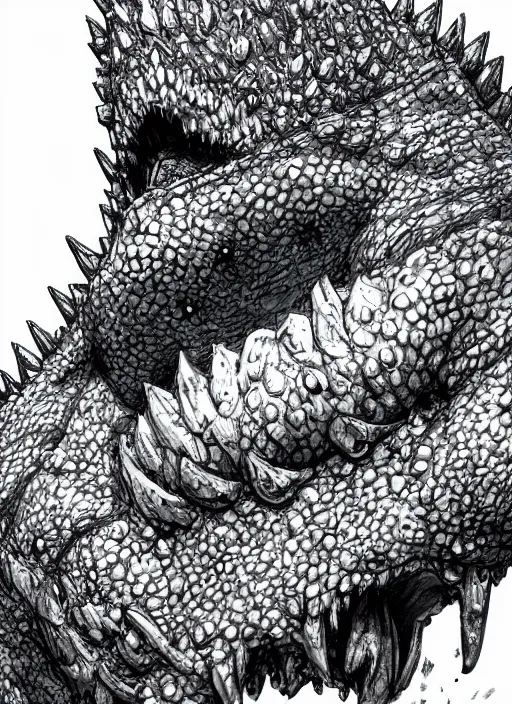 Image similar to close up portrait of a fat blue godzilla wearing a dog collar, powerful, domineering, stoic, intense, ultrafine hyperdetailed illustration by kim jung gi, irakli nadar, intricate linework, sharp focus, octopath traveler, yoji shinkawa, highly rendered, detailed, concept art