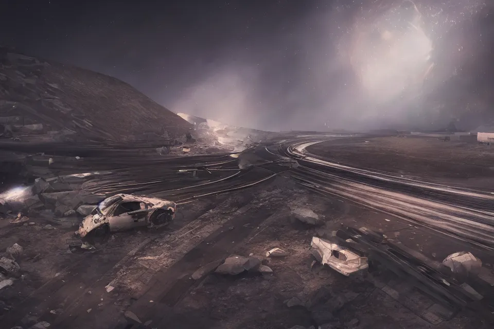 Image similar to highway wreckage orbiting earth in space, dark cinematic, volumetric, realistic, 3 d render, realistic render, cinematic lighting, volumetric lighting, atmospheric, cinematic, unreal engine 5, unreal engine render, octane render, hd, photorealism, hyper realistic, 8 k