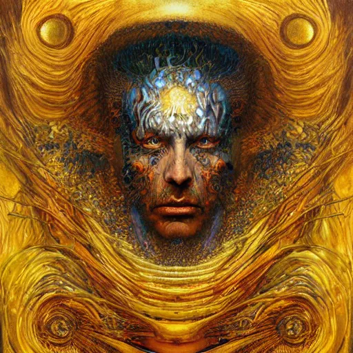 Image similar to Visions of Hell by Karol Bak, Jean Deville, Gustav Klimt, and Vincent Van Gogh, nightmare portrait, infernal, visionary, otherworldly, fractal structures, ornate gilded medieval icon, third eye, hellfire, spirals