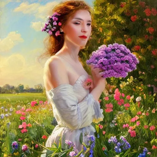 Image similar to a portrait of a romantic woman with flowers grow out of hair, roses peonies forget-me-nots dahlias lupins gladioli, sky theme in background, by Alexandr Averin, Digital Art, Trending on artstation