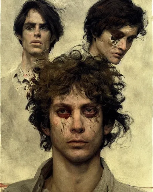 Prompt: two handsome but creepy siblings in layers of fear, with haunted eyes and wild hair, 1 9 7 0 s, seventies, wallpaper, a little blood, moonlight showing injuries, delicate embellishments, painterly, offset printing technique, by coby whitmore, jules bastien - lepage