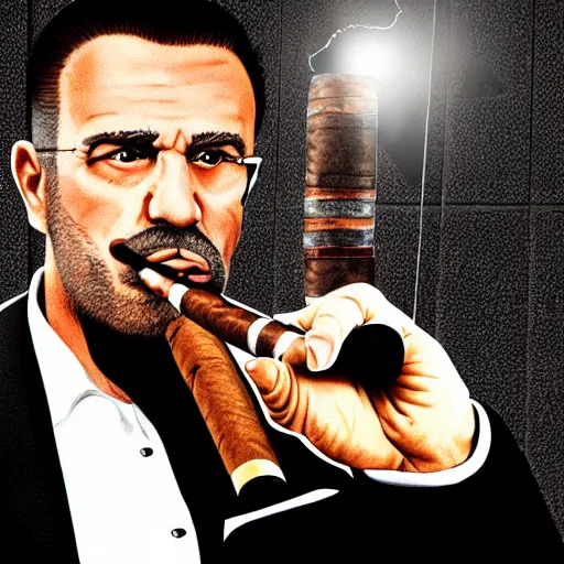 Image similar to saul goodmen as a mafia boss with cigar in mout, 8k, realistic,