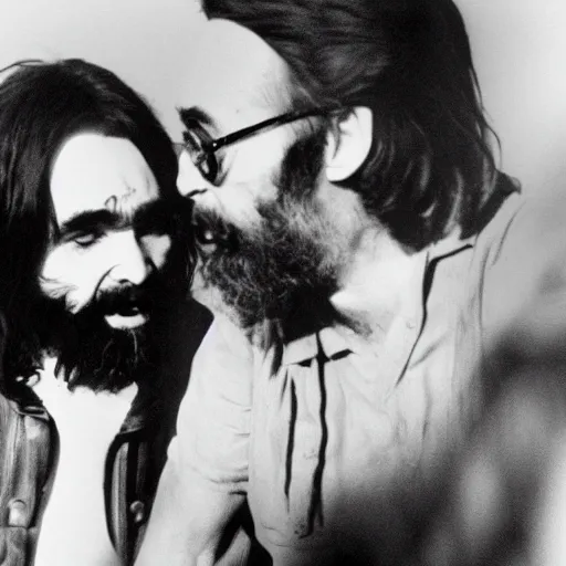 Image similar to charles manson singing a duet with john lennon, black and white, high quality photography, realistic, detailed, uncropped, realistic face,
