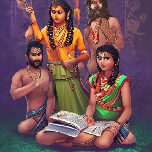Prompt: an indian female and three indian male characters summoned from inside a book like genies, trending on artstation, detailed digital art
