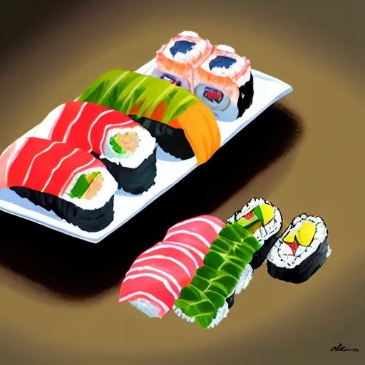 Image similar to sushi, trending on artstation, cinematic, hyper realism