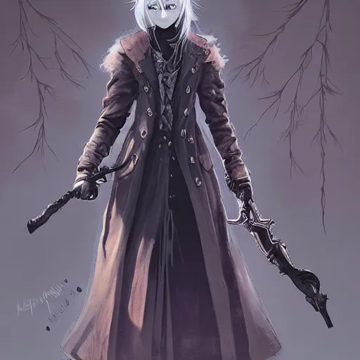 Prompt: female bloodborne hunter, long coat, by charlie bowater, loish, artgerm, krenz cushart, wlop, ilya kuvshinov, range murata