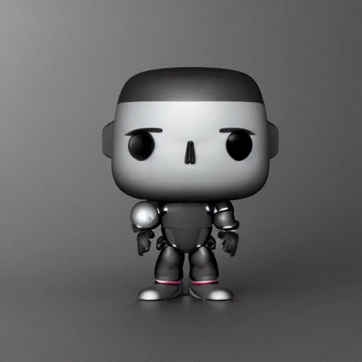 Image similar to a 3d render of technoblade as a funko pop stood Infront of the box, studio lighting, grey background