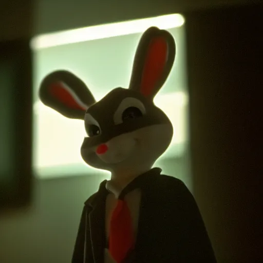 Image similar to still image of bugs bunny in the dark knight, cinematic, anamorphic, 8 0 mm f / 2. 8 l, 3 5 mm film, movie