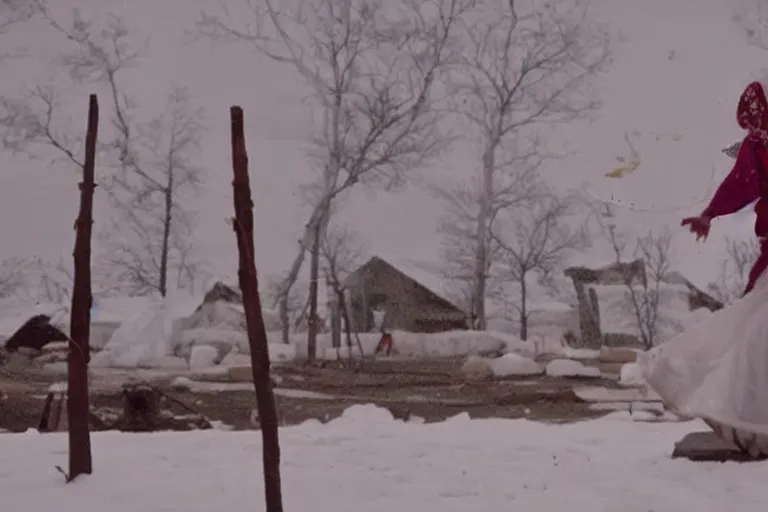 Prompt: VFX movie of a Indian woman dancing with magic flowing antigravity water in an Eskimo village by Emmanuel Lubezki