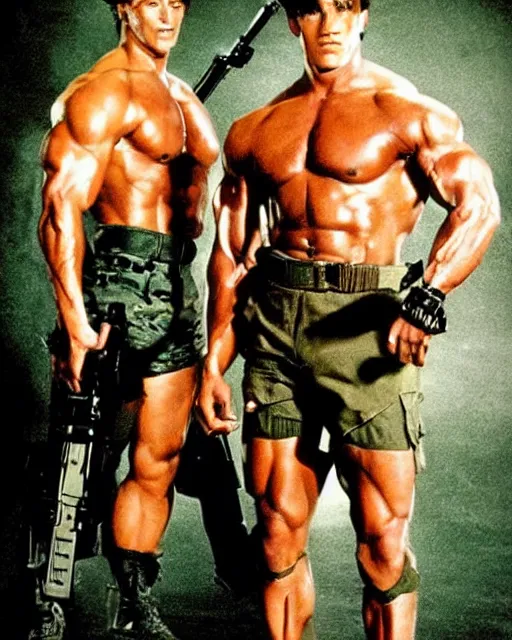 Image similar to young arnold photoshoot of commando versus rambi. young arnold schwarzenegger as matrix, from commando and young sylvester stallone as rambo, photoshoot in the style of annie leibovitz,