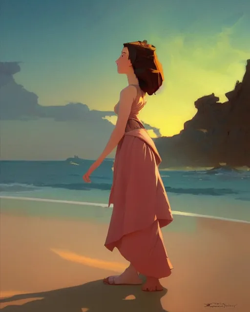 Prompt: lonely young woman wandering a beach at sunset painting by sargent and leyendecker, studio ghibli, fantasy, medium shot, asymmetrical, intricate, elegant, matte painting, illustration, hearthstone, by rhads by greg rutkowski, by greg tocchini, by james gilleard, by joe fenton