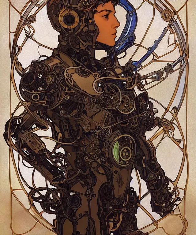 Image similar to realistic detailed portrait of a male! mecha cyberpunk! monk! by alphonse mucha and charlie bowater and art germ, rule of thirds, golden ratio, art nouveau! cyberpunk! style, mechanical accents!, mecha plate armor, glowing leds, flowing wires with leaves, art nouveau accents, art nouveau patterns and geometry, rich deep moody colors