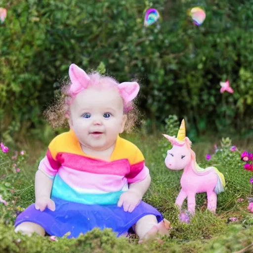Image similar to Baby girl with unicorn and rainbow clothes sitting in a garden