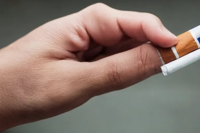 Image similar to Close-up of cigarette in five fingers, thin soft hand holding cigarette, hyper realistic, photographic style