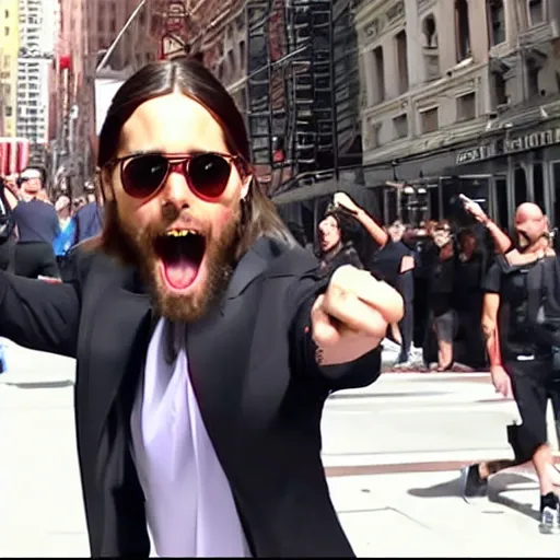 Image similar to bodycam footage of jared leto going crazy pointing a knife at people, new york streets, wide angle, fisheye, uhd, 4 8 0 p, bodycam, paparazzi, bad quality