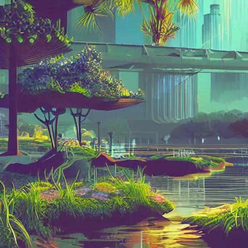 Image similar to beautiful happy picturesque charming futuristic sci - fi city in harmony with nature. water and plants. beautiful light. grainy and rough. interesting colour scheme. beautiful artistic vector graphic design art by lurid. ( 2 0 2 2 )