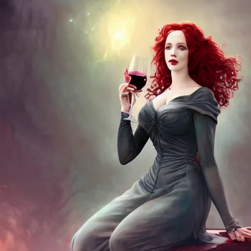 Prompt: a highly detailed matte painting of christina hendricks as an unbelievably powerful vampire witch, drinking wine, floating in the air doing blood magic, viewed in profile from far away, crackling green lightning, ultrawide lens, art by artgerm and greg rutkowski and alphonse mucha, volumetric lighting, octane render, 4 k resolution, trending on artstation, masterpiece