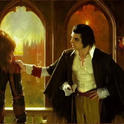 Image similar to attractive male, arthur pendragon confesses his love to attractive male dracula the vampire. highly detailed painting by gaston bussiere, craig mullins, j. c. leyendecker 8 k