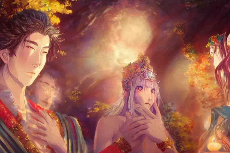 Image similar to close up moment of a divine a japan sun god and a moon goddess lovers magician at a wedding banquet, highly detailed, d & d, fantasy, 4 k realistic, digital painting, trending on artstation, concept art, sharp focus, illustration, art by makoto shinkai and akihiko yoshida and daniel gerhartz