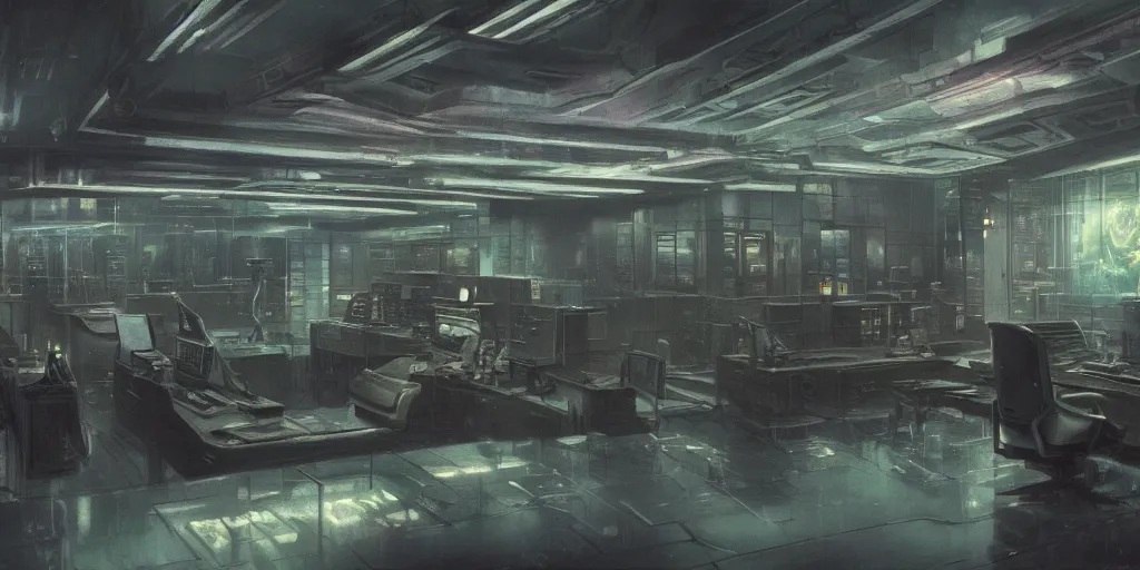 Prompt: a dystopian cyberpunk office interior with huge holographic displays everywhere, ralph maquarrie and giger and syd mead cinematic matte painting, 4 k