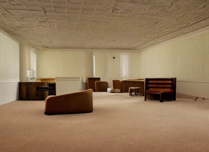 Prompt: an endless space of empty connecting rooms with old vanilla colored wallpaper from the 1970s and brown carpet lit by tungsten lights, no windows