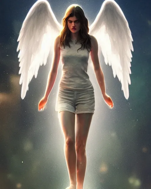 Prompt: Fullbody potrait of Alexandra Daddario as an angel, hyper realistic, prismatic highlights, atmosphere, gorgeous, depth of field, cinematic, macro, concept art, 50mm, artstation, wlop, elegant, epic, weta digital, focus, octane render, v-ray, 8k, kodak portra, art by Liberatore