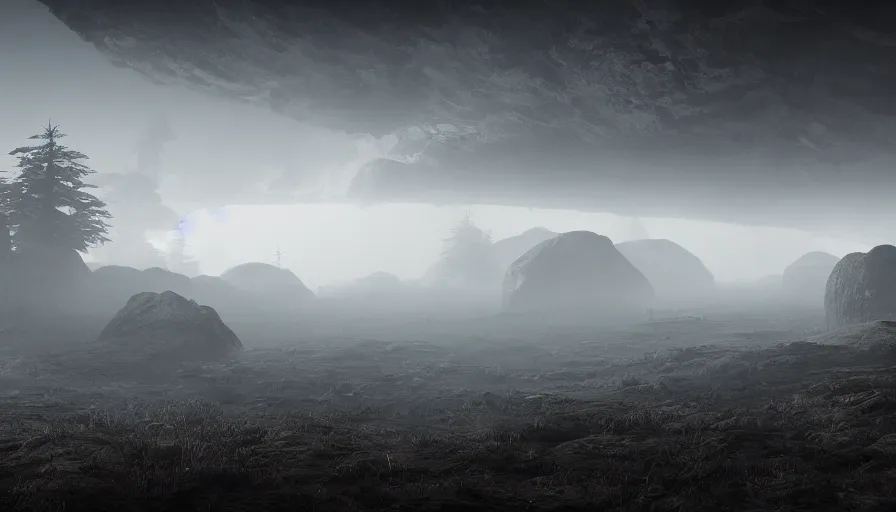 Image similar to foggy landscape on a dark planet by concept art from John Sweeney or Hidetaka Miyazaki, rendered with unreal engine