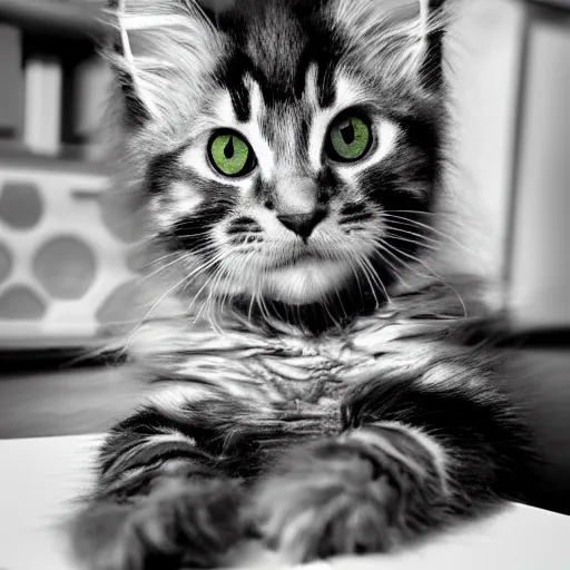 Image similar to eye - level view, a super cute maine coon kitten ate my homework and got smart, hilarious, funny, back to school comedy, digital art, animation, imax 7 0 mm, hdr