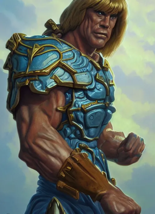 Image similar to He-Man!!!!!, close up, filmation!! ,sci fi,fantasy, intricate, german iron cross chest armor ,elegant, loin cloth ,highly detailed, oil painting, artstation, concept art, matte, sharp focus, illustration, dramatic, sunset,hearthstone, art by Artgerm and Greg Rutkowski and Alphonse Mucha
