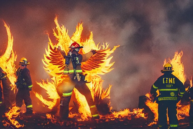 Image similar to a phoenix trying to burst into flames with firemen standing by