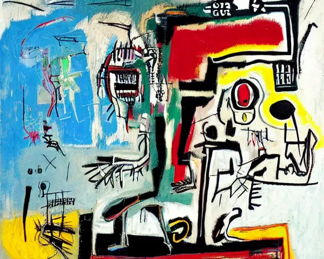 Prompt: painting of a cyborg questioning his reality by graham sutherland, basquiat, neo - expressionism, muted colors!!!