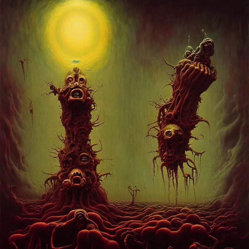 Image similar to a bizarre nightmare, cosmic horror, by zdzisław beksinski and greg rutkowski and esao andrews and salvador dali, oil on canvas, mixed media, abstract, artstation, surreal, hell, horror, dark, intricate textures