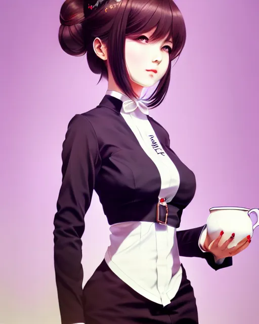 Image similar to full body shot of a beautiful tea hostess woman in work attire, art by saruei and guweiz and ilya kuvshinov, digital art, highly detailed, intricate, sharp focus, trending on artstation hq, deviantart, pinterest, unreal engine 5, 4 k uhd image