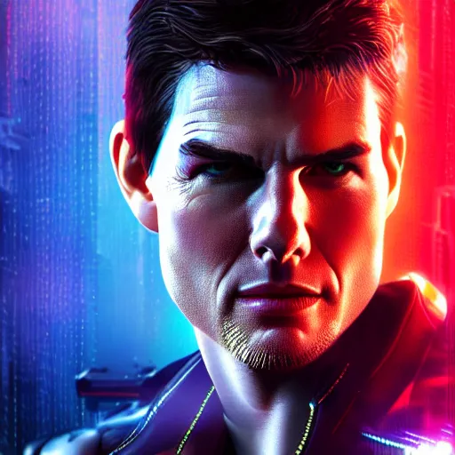 Image similar to tom cruise portrait, Cyberpunk 2077, cyberpsycho, photorealistic, ultra detailed, neon, octane, bokeh, cyber, cyberpunk city, feature, scars, cyberface, 8k